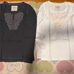 Abercrombie & Fitch Lace Long Sleeve Tops -Grey and White